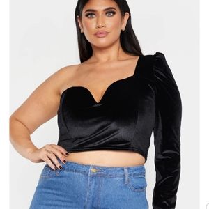 PLT Black Velvet Puff Sleeve Crop